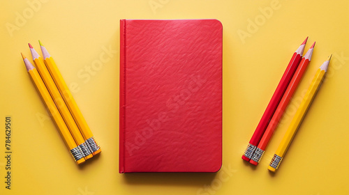 Back to school concept. A red color notebook and graphic pencils on yellow background with copyspace.