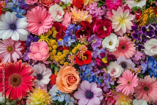 A collection of vibrant flowers clustered closely together  creating a beautiful and colorful display.