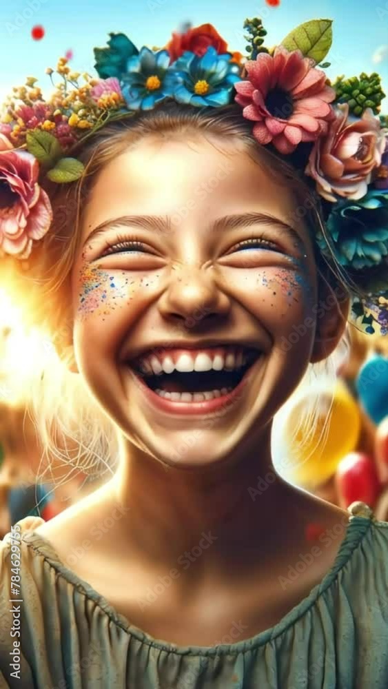Joyful Girl Laughing With Floral Headband at Sunny Outdoor Festival Joyful Girl Laughing With Floral Headband at Sunny Outdoor Festival