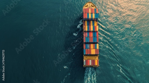An aerial view of a cargo ship navigating through the open sea, its deck lined with colorful containers bound for distant shores.