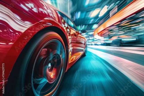 A vibrant red car smoothly navigates a bustling city street, exuding elegance and speed. © AiHRG Design