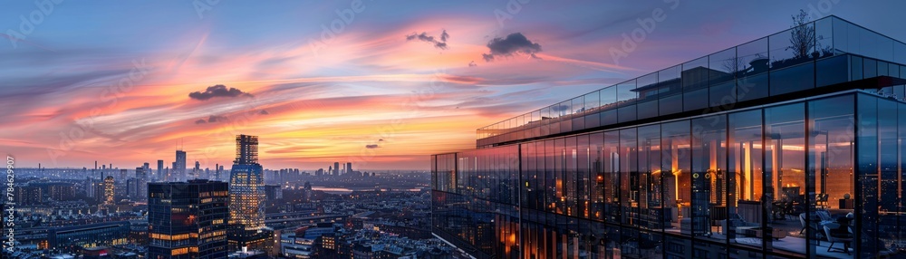 Fototapeta premium Ecodistrict with buildings made of recycled glass, twilight, panoramic city view