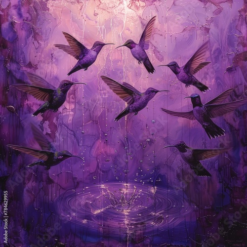 Swarm of Purple Shimmering Hummingbirds in Flight photo