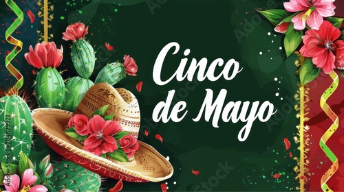 Cinco de Mayo card, celebration poster with a cactus, flowers and sombrero. Mexican holiday traditions, colors mexican flag.  photo
