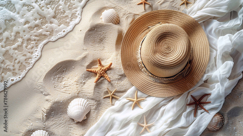 Summer set. A straw hat, white balnket and seastars on white sandy background.
