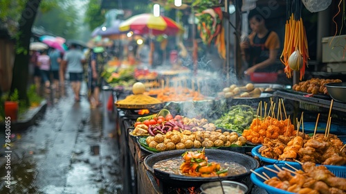 Vibrant Street Food Market with a Variety of Dishes in Steamy Stalls: Concept of Culinary Diversity and Traditional Cuisine
