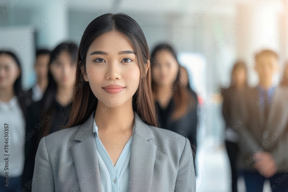 A woman confidently stands before a diverse group of people, emanating strength and leadership qualities. A woman confidently stands before a diverse group of people, emanating strength and leadership qualities.
