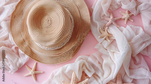 Summer set. A straw hat, white balnket and seastars on pastel pink background.