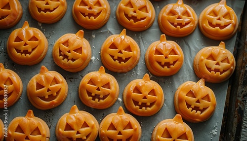 A bunch of jack-o-lantern cookies on a baking sheet photo