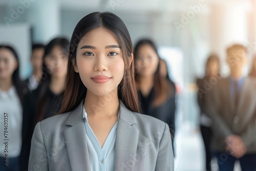 A woman confidently stands before a diverse group of people, emanating strength and leadership qualities.