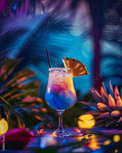 A tropical drink with a pineapple slice on the rim, sitting on a table with palm leaves in the background. photo