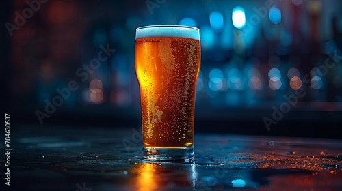 A close up of a single pint of beer on a bar photo