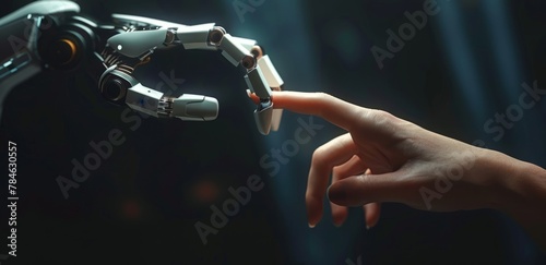 The direct contact between the robot arm and the skin arm of artificial intelligence technology  the future scene of scientific and technological elements