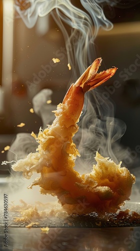 A shrimp being cooked in a pan with oil.