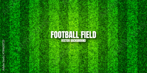 Soccer playing field with green grass. Football pitch background with stripes. Sports ground, stadium with fake or natural grass. Vector illustration