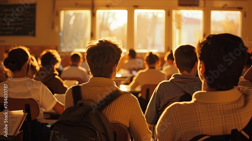 A group of high school students sitting in a classroom during a lecture with sunlight coming in through the windows.