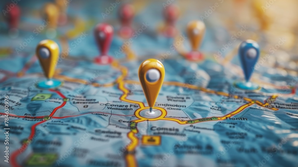 Business Location: A 3D vector illustration of a map with pins marking Business Location: A 3D vector illustration of a map with pins marking