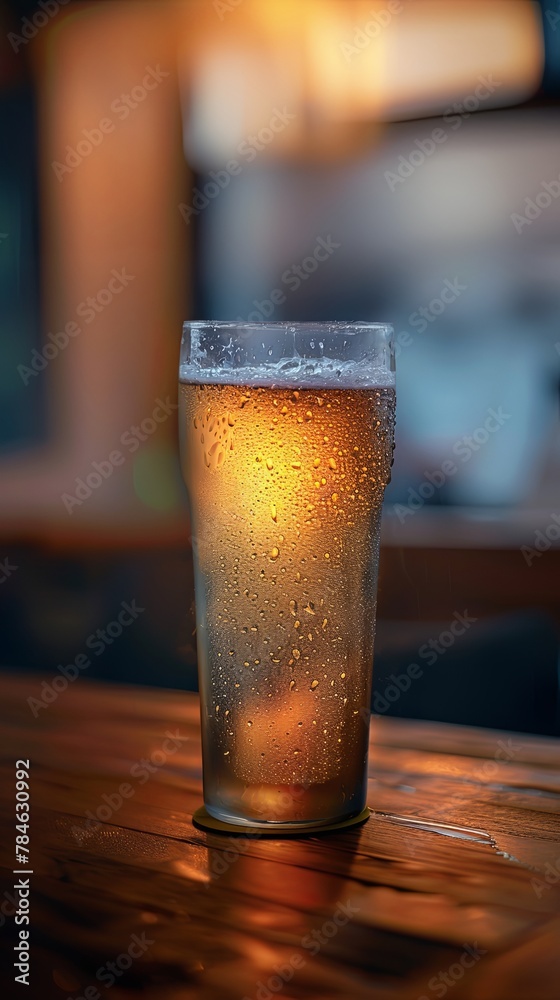 A close up of a frosty glass of beer with a foamy head sitting on a bar with out of focus lights in the background. A close up of a frosty glass of beer with a foamy head sitting on a bar with out of focus lights in the background.