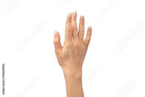 Woman hands isolated on a white background. Nude nail polish.