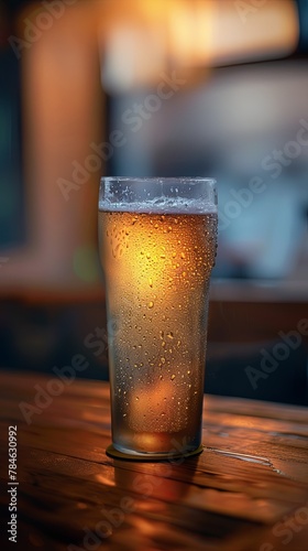 A close up of a frosty glass of beer with a foamy head sitting on a bar with out of focus lights in the background.