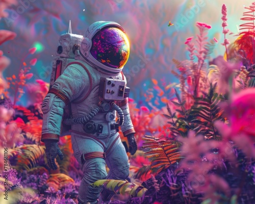 Astronaut Exploring an Alien Planet's Vibrant Flora in a Dreamlike Setting