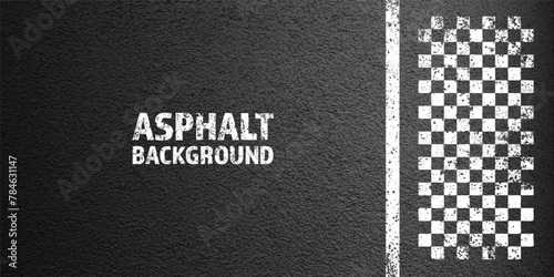 Asphalt road with white cracked lane marking, concrete highway surface, texture. Street traffic line, road dividing strip. Pattern with grainy structure, grunge stone background. Vector illustration