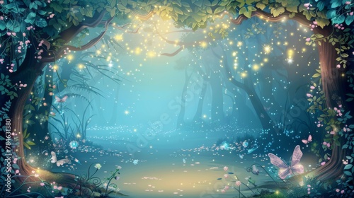 Enchanted Forest Scene with Magical Glowing Lights and Butterflies
