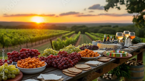 Evening glow at a vineyard with an assortment of grapes and wine glasses on a table, Concept of wine tasting, agriculture, and leisure