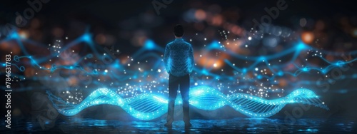 A man standing with glowing hologram of 3D human DNA structure over dark background #784631783