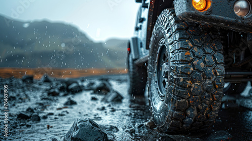 Close-up of a 4x4 vehicle on a wet terrain photo