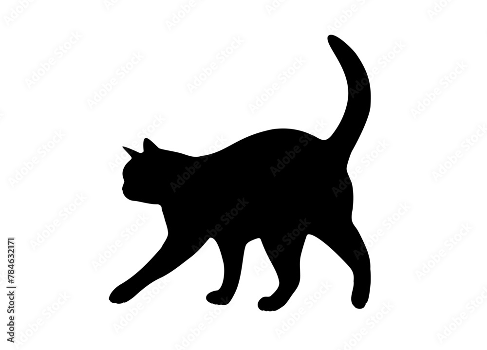 The silhouette of a cat walking from right to left. Vector illustration.