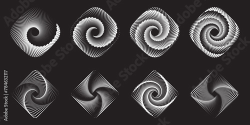A spiral dots backdrop in geometric rhombus shaped, vector illustration on a black background. This trendy design element suits frames, swirl logos, signs, symbols, web graphics, and prints.