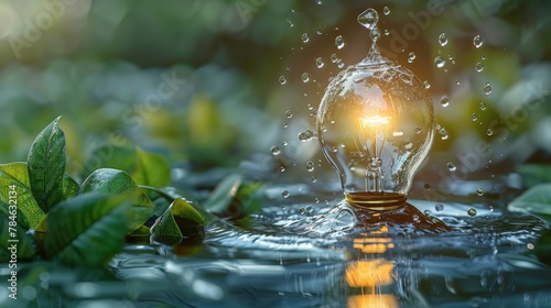 Environment and Ecology: A 3D vector illustration of a lightbulb surrounded by water droplets