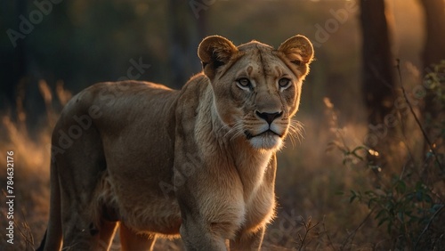 Lioness in the forest at sunset