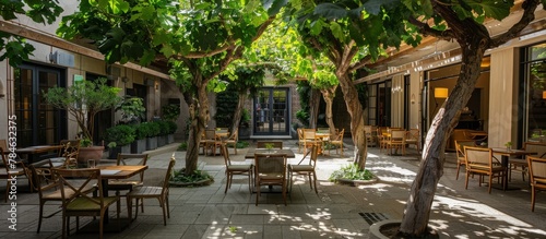 Courtyard gardens with fig trees and grapevines provide shade and greenery in cafe spaces. 