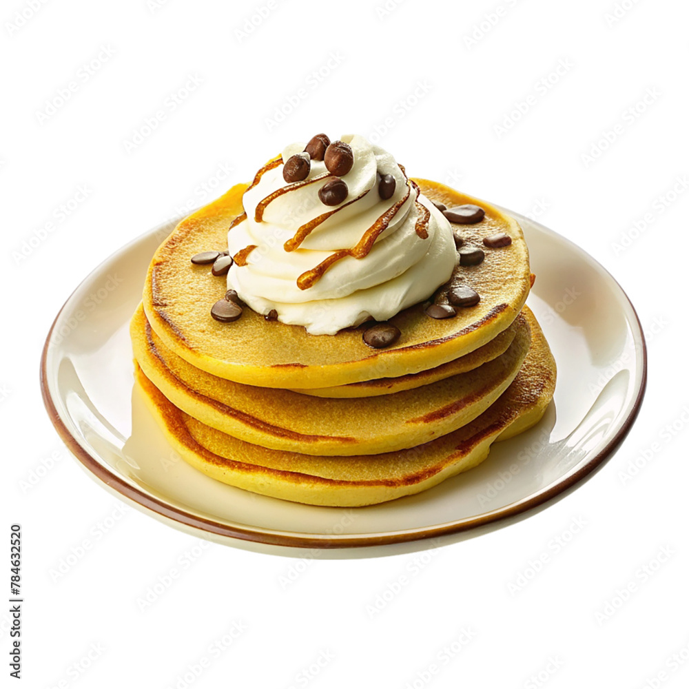 Golden pancakes with cream and chocolate on plate