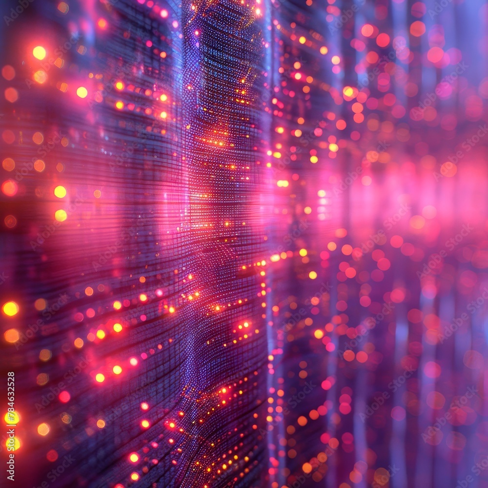 Pink and purple glowing particles form a grid like structure in this abstract image. Pink and purple glowing particles form a grid like structure in this abstract image.