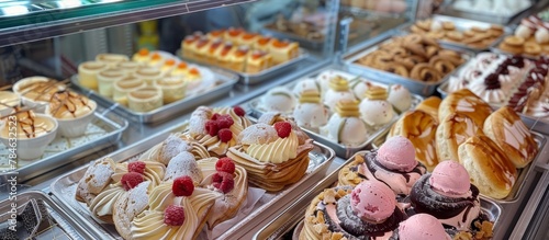 Display of freshly baked pastries and gelato showcases Italian culinary delights in the cafe. 