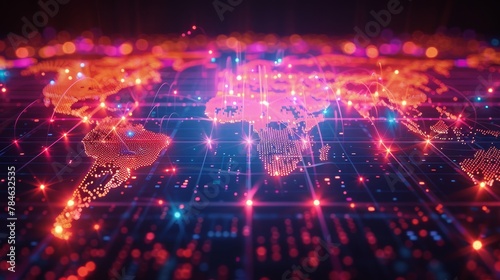 Global Connectivity: A 3D vector illustration of a world map with glowing dots connected by lines