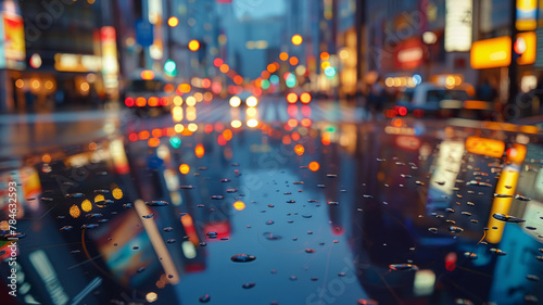 Photo of a wet city street at night with lights.