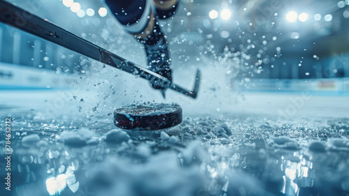 Close-up of a hockey stick and puck on ice.