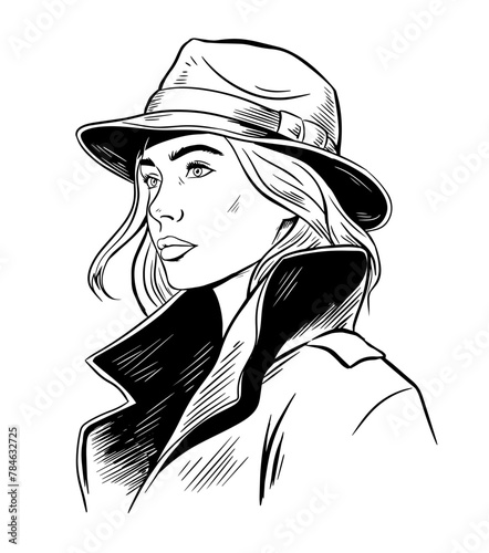 Woman detective. Portrait of a beautiful girl in a retro hat and coat. Investigation and search for evidence. Vector sketch illustration. Black and white sketch