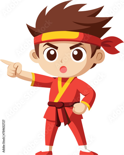 red karate kid pointing finger logo character vector illustration