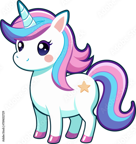 Cute little pink magical unicorn. Vector design on white background.