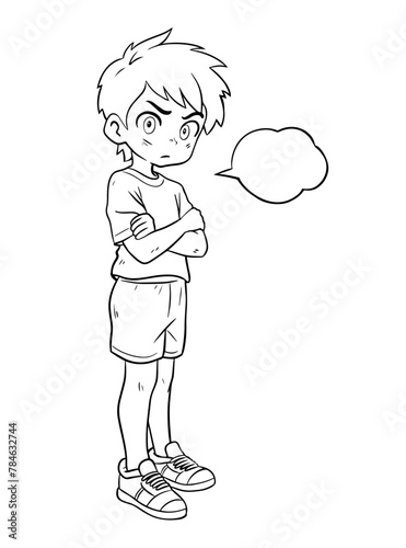 Offended little boy. Stubborn pose. Negative emotion. Dissatisfied child. Cartoon vector illustration black and white. Sketch hand drawn line. Anime style comic