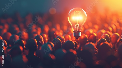 Invention and Discovery: A 3D vector illustration of a lightbulb floating above a group of people
