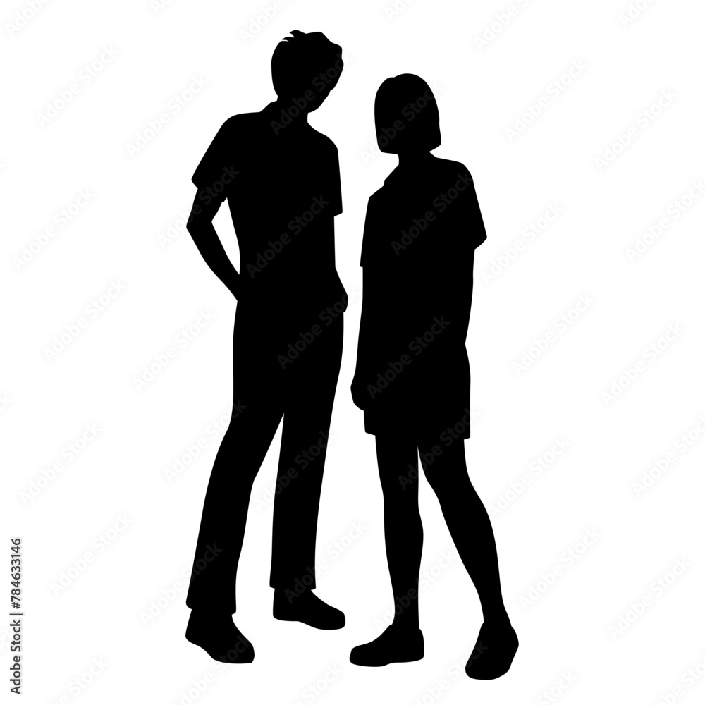 Vector silhouettes of  man and a woman, a couple standing   business people, profile, black olor isolated on white background