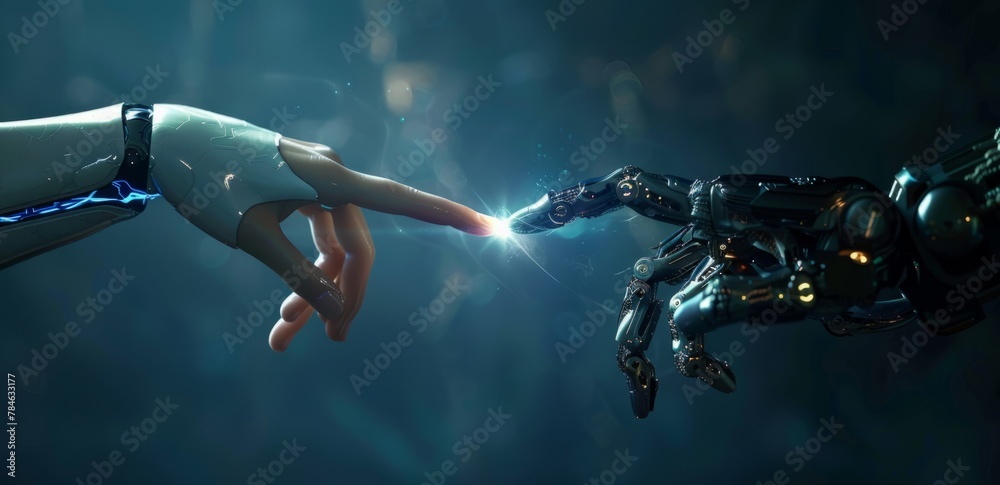 The direct contact between the robot arm and the skin arm of artificial intelligence technology, the future scene of scientific and technological elements - obrazy, fototapety, plakaty 