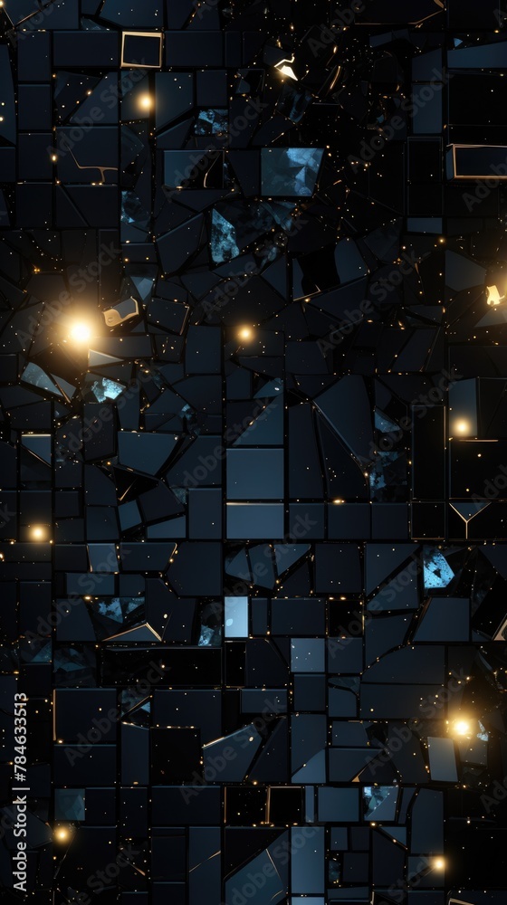 Abstract Shattered Glass with Sparkling Lights on Dark Background