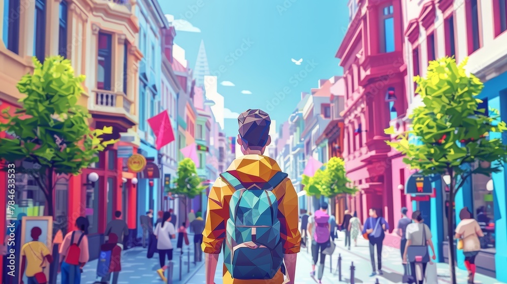 Travel and Exploration: A 3D vector illustration of a traveler exploring a bustling city street